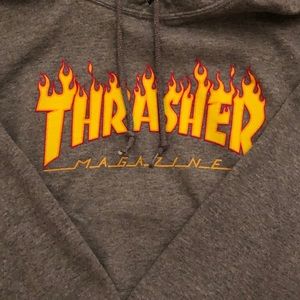 oversized grey thrasher hoodie with flame